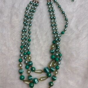 Vintage Layered Teal Bead Necklace - stamped Japan